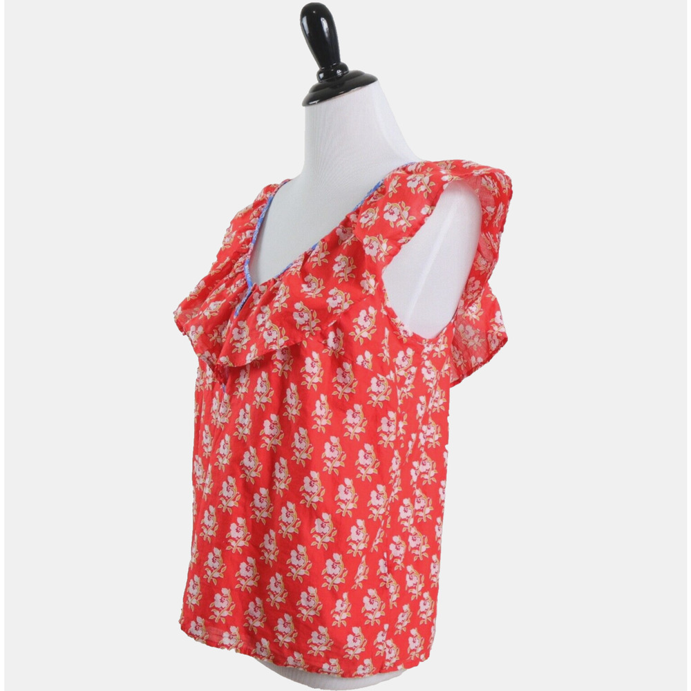 J Crew Size S Ruffle V Neck Top Cotton Classic Block Print Orange - Picture 2 of 11